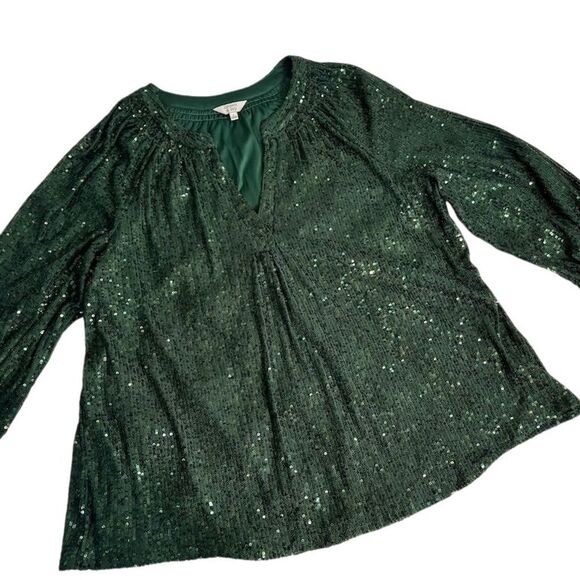 Crown & Ivy Women's Sequin Blouse Green Long Sleeve Size L Christmas Holidays - Picture 1 of 9